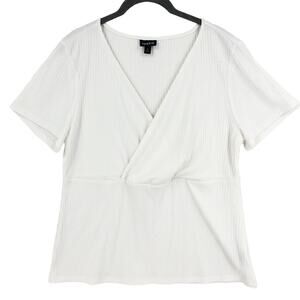 Torrid Wrap Blouse Women's 2 2X White Rib Knit Stretch V-Neck Short Sleeve Top